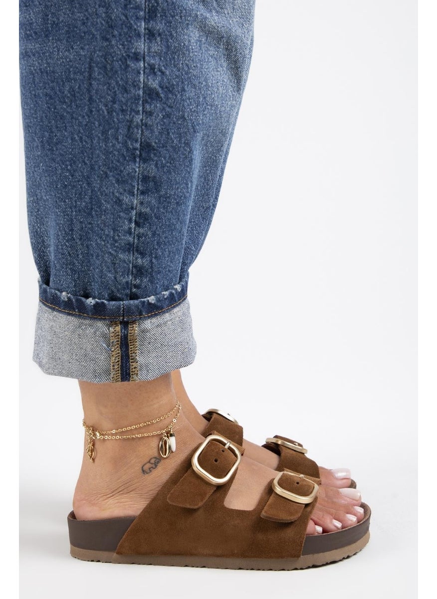 Manijero Jazmin Women's Leather Double Buckled Tan Slippers  - Image 1