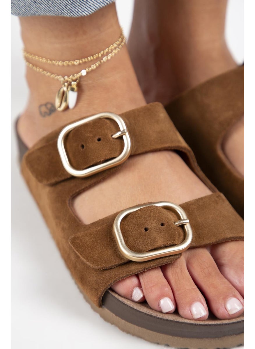 Manijero Jazmin Women's Leather Double Buckled Tan Slippers  - Image 3
