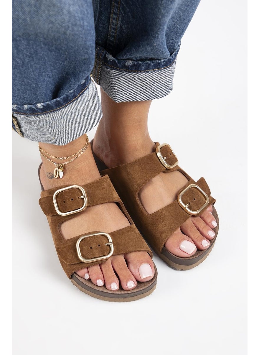 Manijero Jazmin Women's Leather Double Buckled Tan Slippers  - Image 2