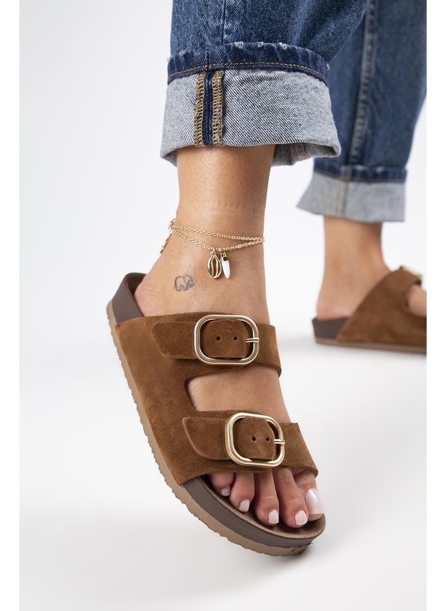 Manijero Jazmin Women's Leather Double Buckled Tan Slippers  - Image 5