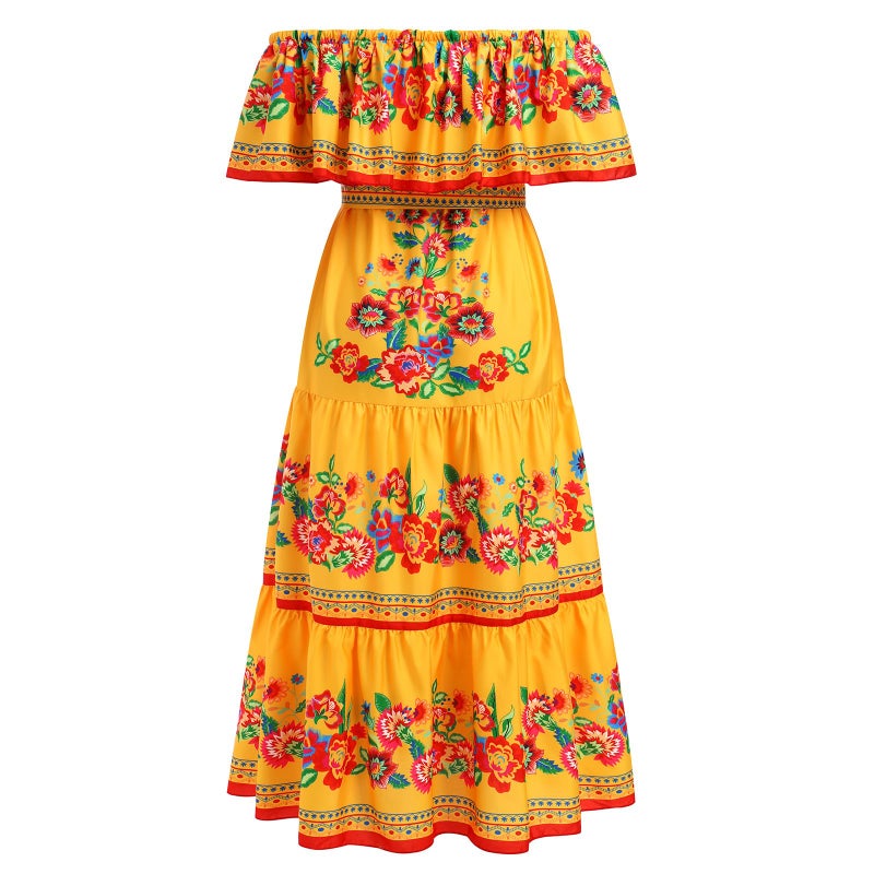 IKADEX Women Mexican Dress Off Shoulder Floral Long Maxi Dress Summer Beach Party Cinco de Mayo Dresses Yellow XL - Image 4