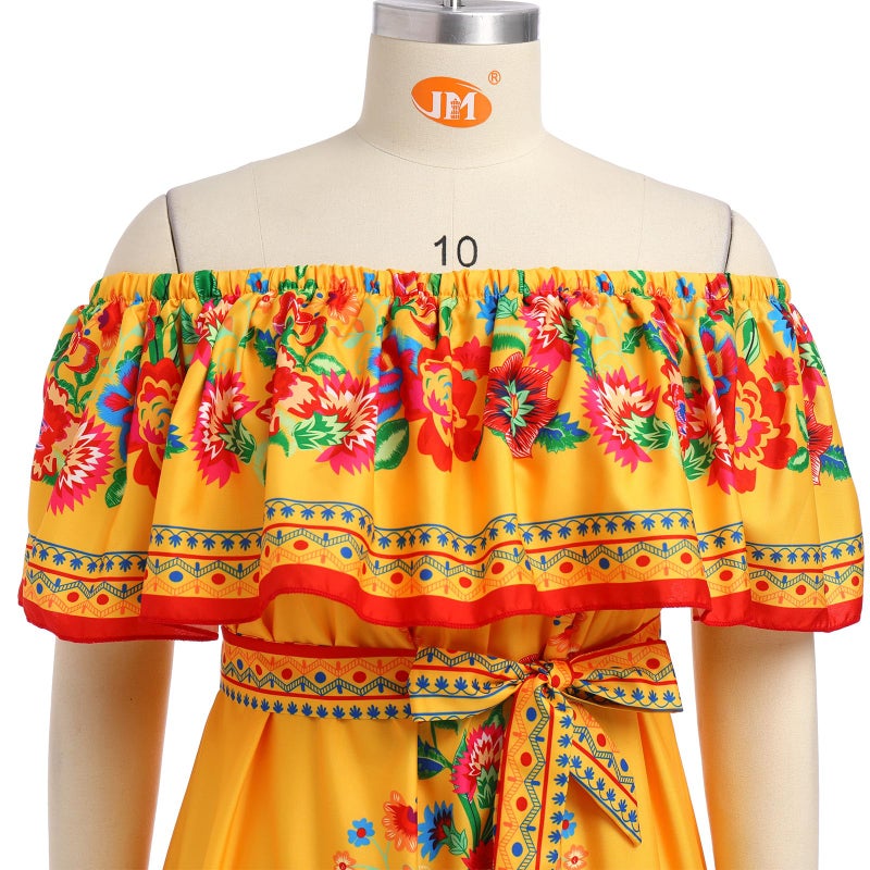 IKADEX Women Mexican Dress Off Shoulder Floral Long Maxi Dress Summer Beach Party Cinco de Mayo Dresses Yellow XL - Image 5