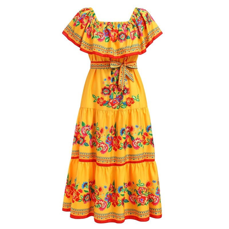 IKADEX Women Mexican Dress Off Shoulder Floral Long Maxi Dress Summer Beach Party Cinco de Mayo Dresses Yellow XL - Image 3