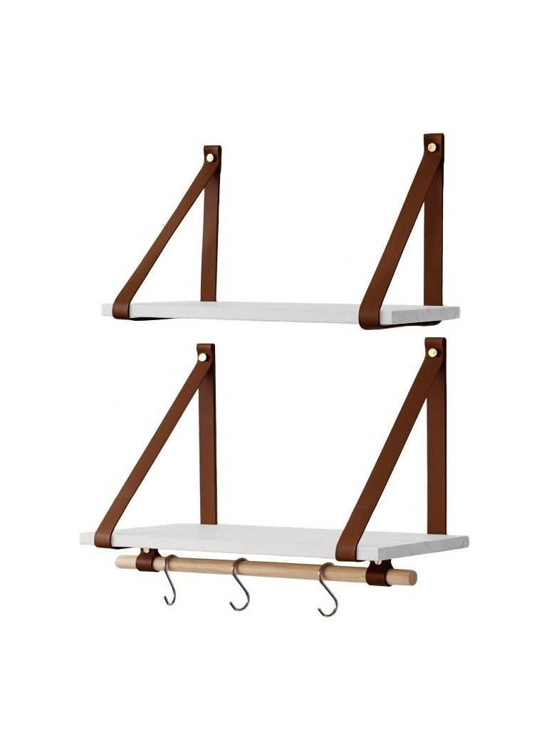 Home Gallery PU Brown Leather Strap Wall Floating Shelves White  - Image 2