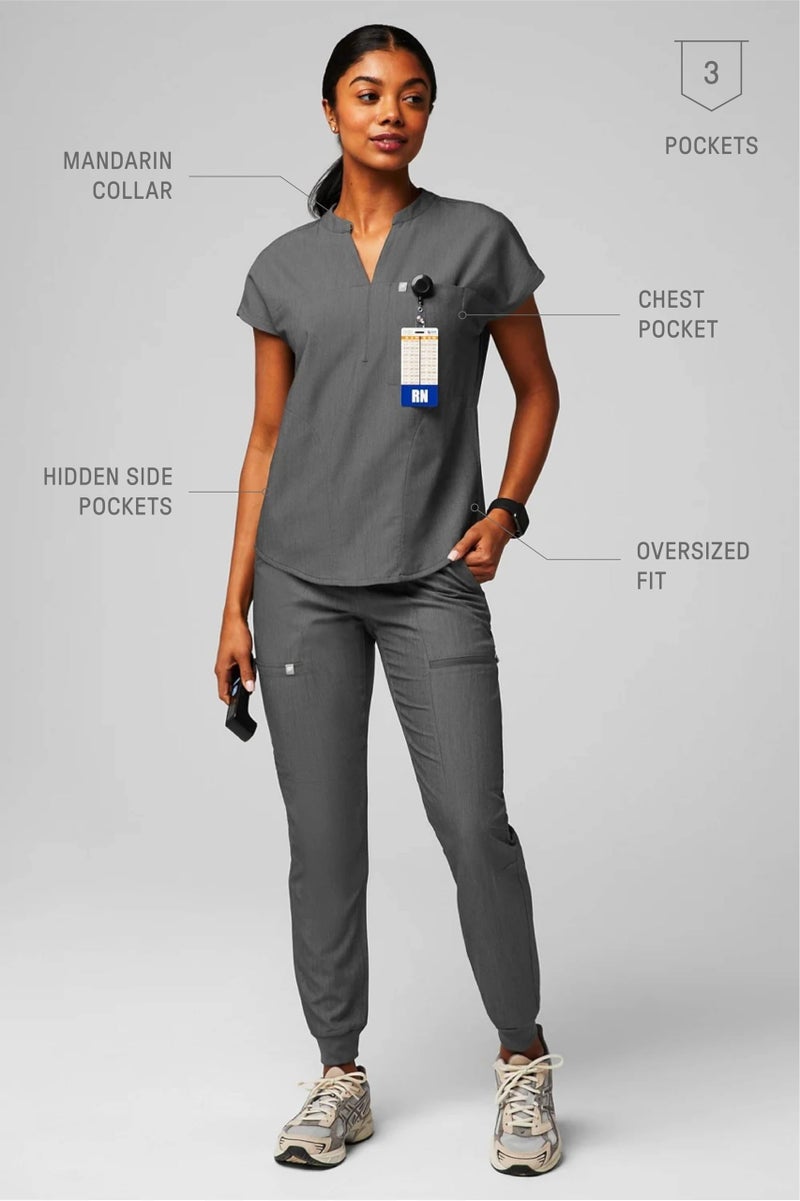 Fabletics Women's Evolve 3-Pocket Scrub Top with an Oversized Fit - MotionTech, 4-Way Stretch, Wrinkle-Resist, Anti-Shrink, M, Heather Grey - Image 5