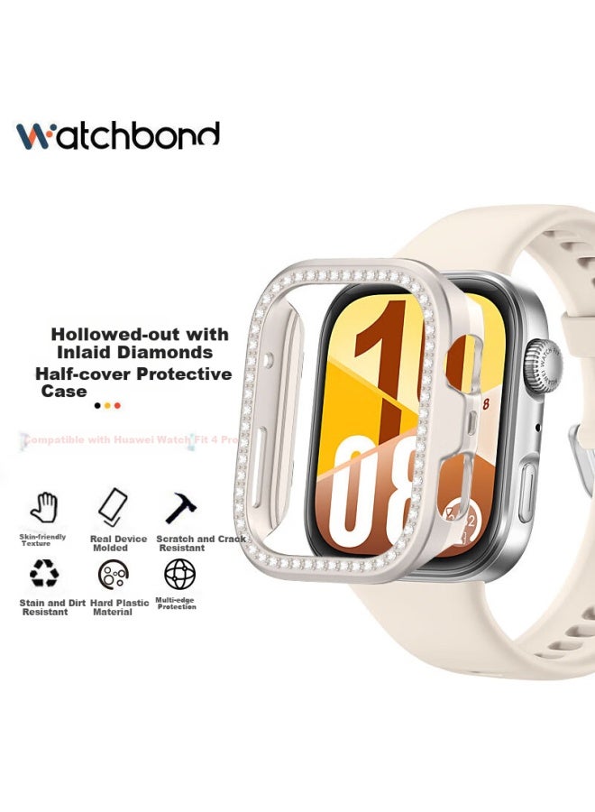 Watchbond Diamond-studded Protective Case For Huawei Watch Fit 4 Pro, Hollow Half-coverage Pc Tempered Screen Protector, Scratch-resistant Accessory - Image 1