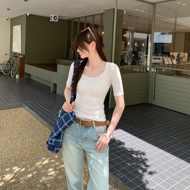 Lyocell Tencel رقيقة تناسب U-Neck منتصف الأكمام الصوف تي شيرت للنساء 2025 الصيف رقيقة فاخرة الراقية أعلى - Image 2