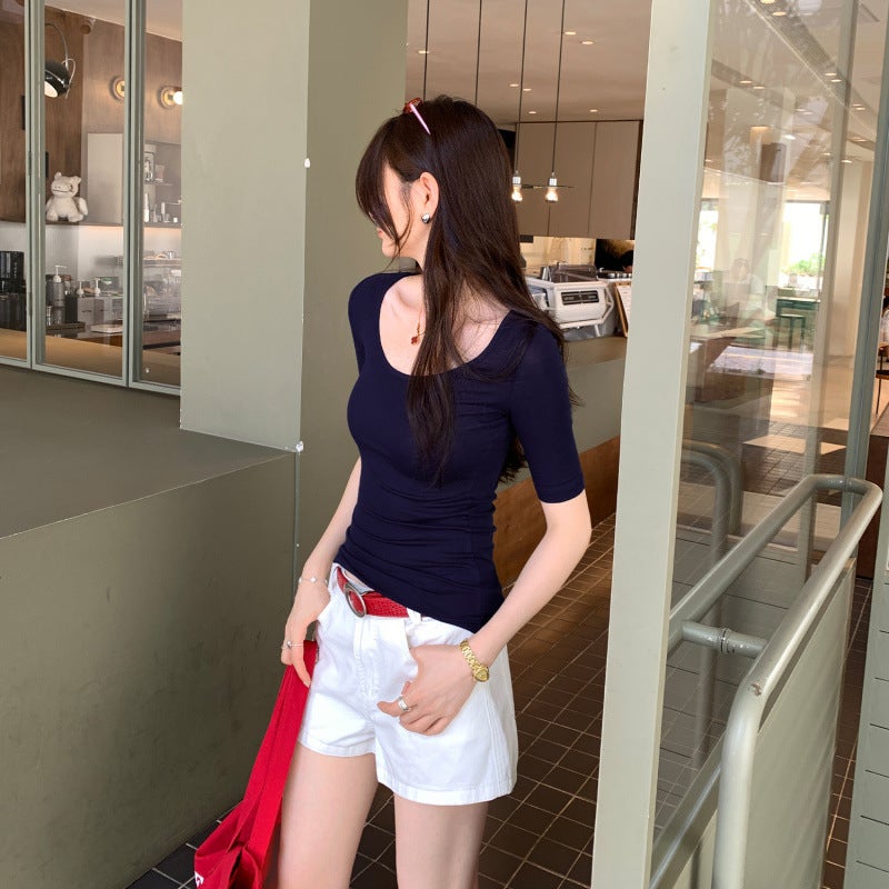 Lyocell Tencel رقيقة تناسب U-Neck منتصف الأكمام الصوف تي شيرت للنساء 2025 الصيف رقيقة فاخرة الراقية أعلى - Image 5