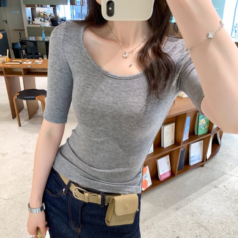 Lyocell Tencel رقيقة تناسب U-Neck منتصف الأكمام الصوف تي شيرت للنساء 2025 الصيف رقيقة فاخرة الراقية أعلى - Image 1