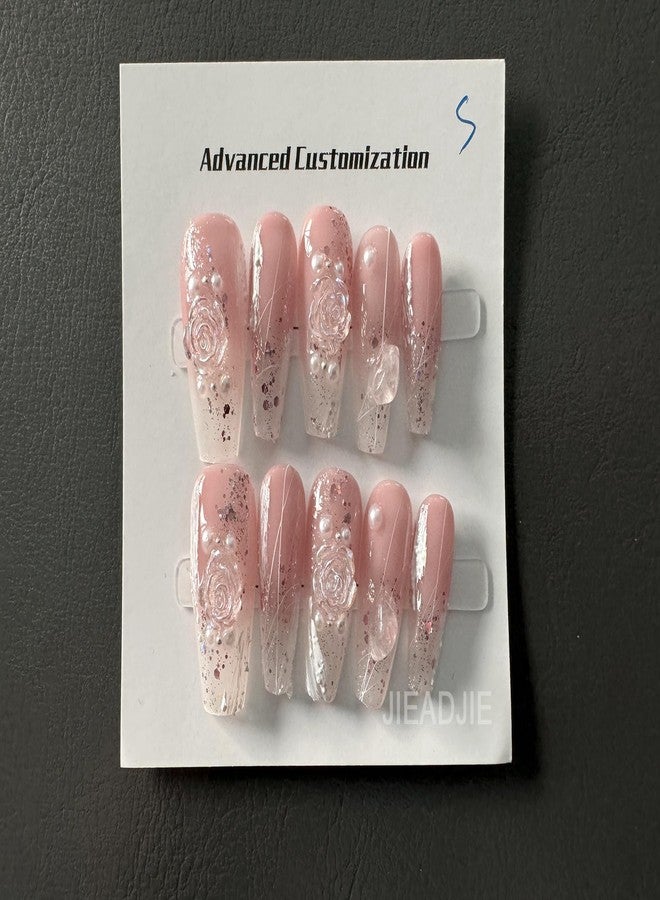 JIEADJIE Press On Nails (100% Handmade),Short-Medium T,Handmade Painted Nail Art by Nail Technician,Daily Version (pink camellia, Medium) - Image 5
