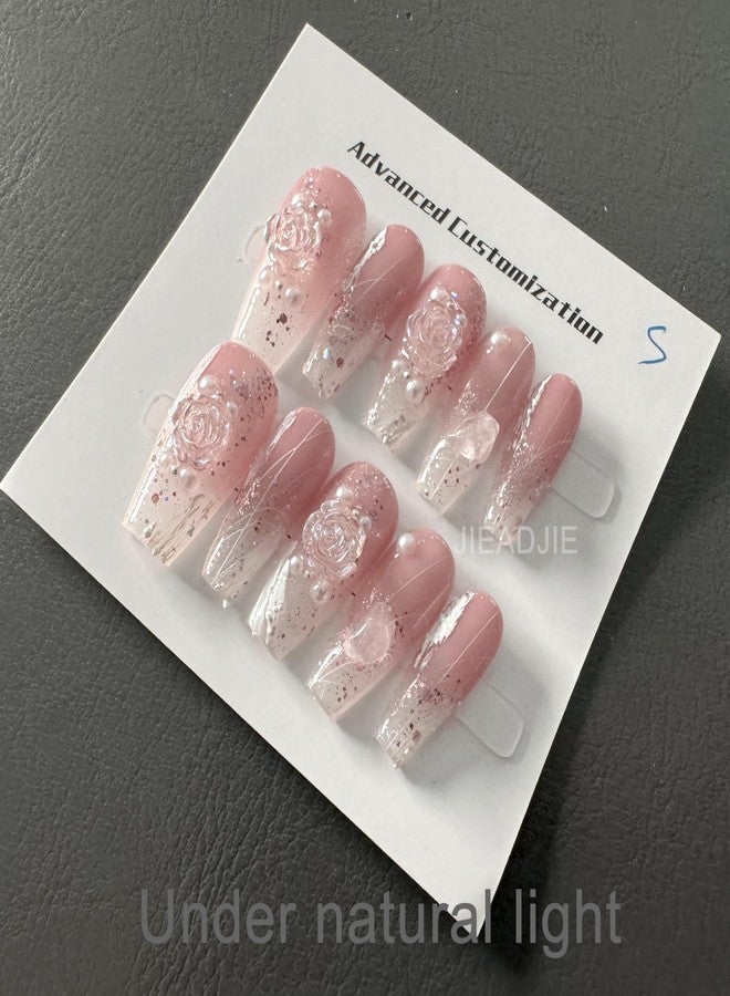 JIEADJIE Press On Nails (100% Handmade),Short-Medium T,Handmade Painted Nail Art by Nail Technician,Daily Version (pink camellia, Medium) - Image 4