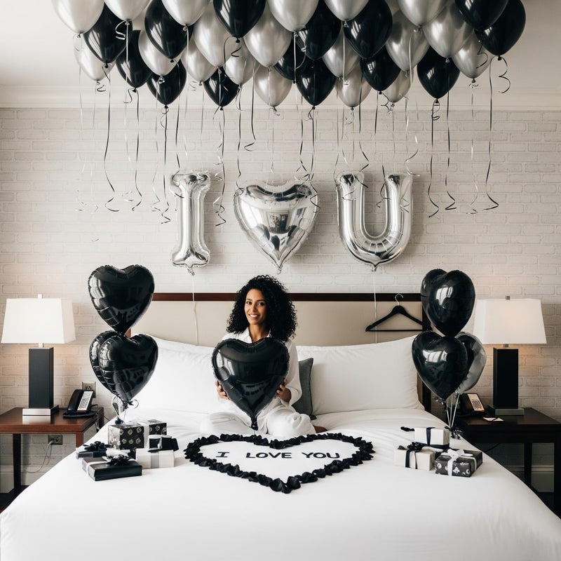 besttideyes I Love You for Him/Her Balloon Black Silver Balloon with Heart Shaped Balloons Black Artificial Rose Petals Romantic Decoration Kit Perfect for Anniversaries Proposals Valentine's Day - Image 2