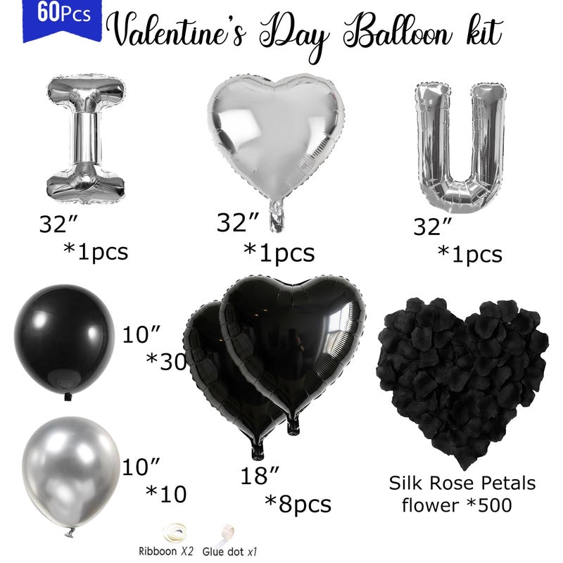 besttideyes I Love You for Him/Her Balloon Black Silver Balloon with Heart Shaped Balloons Black Artificial Rose Petals Romantic Decoration Kit Perfect for Anniversaries Proposals Valentine's Day - Image 3