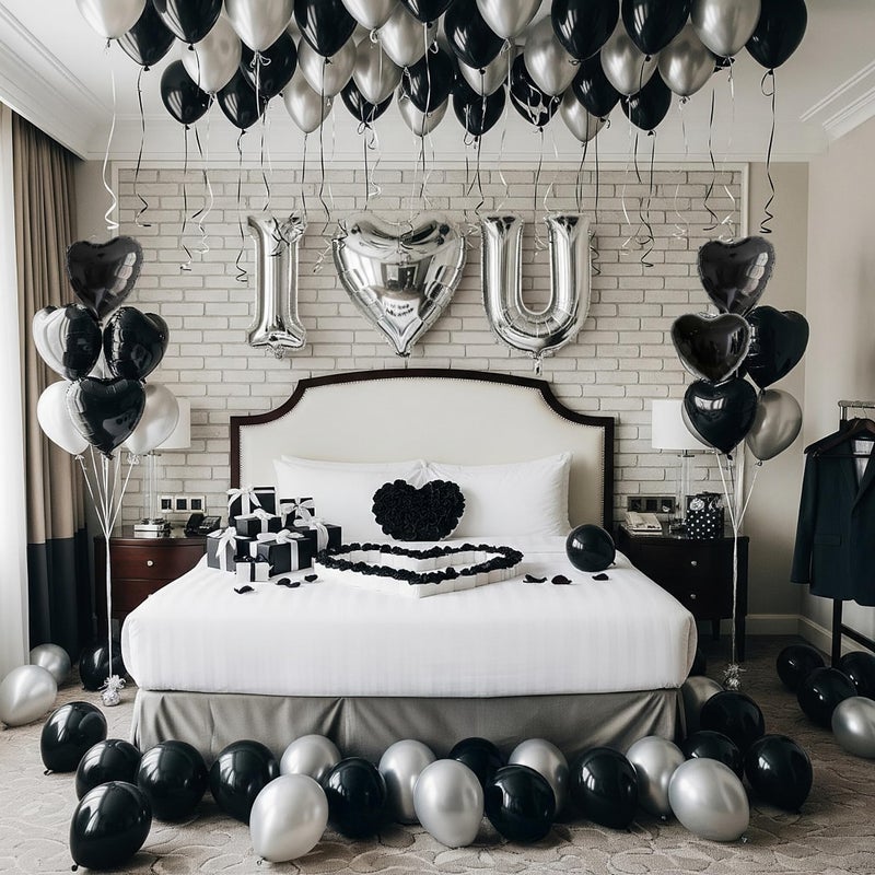 besttideyes I Love You for Him/Her Balloon Black Silver Balloon with Heart Shaped Balloons Black Artificial Rose Petals Romantic Decoration Kit Perfect for Anniversaries Proposals Valentine's Day - Image 1