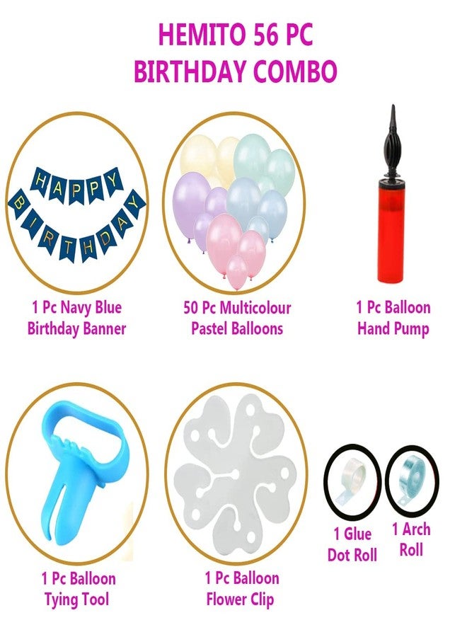 Hemito Birthday Decoration Kit 56 pc – Multicolour Pastel Balloons Combo with Birthday Banner, Arc, Glue Dot Knot Tool and Flower Clip for girls Kids Baby Birthday Decoration Items - Image 2