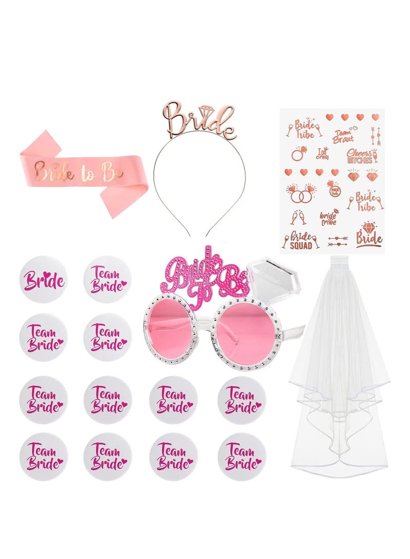 Bridal Shower Party Decorations Set, 17 Pieces with Satin Sash, Garter, Rosette Brooch, Headband, Tiara, Veil, Pink Glasses, and Stickers - Image 1