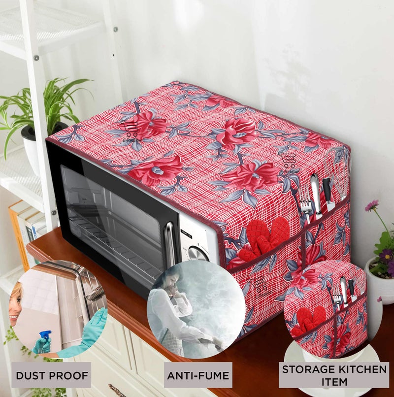 E-Retailer® Polyester 3-Layered Microwave Oven Top Cover With 4 Utility Pockets Suitable for Upto 30 Liter (Color- Red, Size-36x14 Inches) - Image 2
