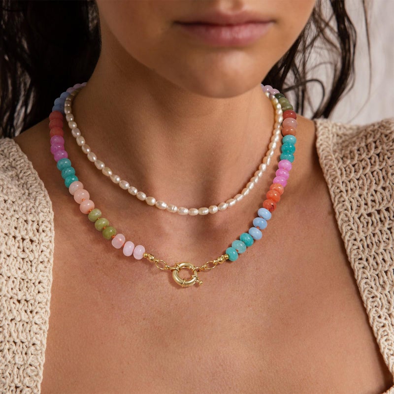 KissYan Beaded Gemstone Necklace for Women, Colorful Boho Bead Choker Natural Stone Surfer Beach Necklaces 14K Gold Plated Summer Handmade Jewelry(J45) - Image 3