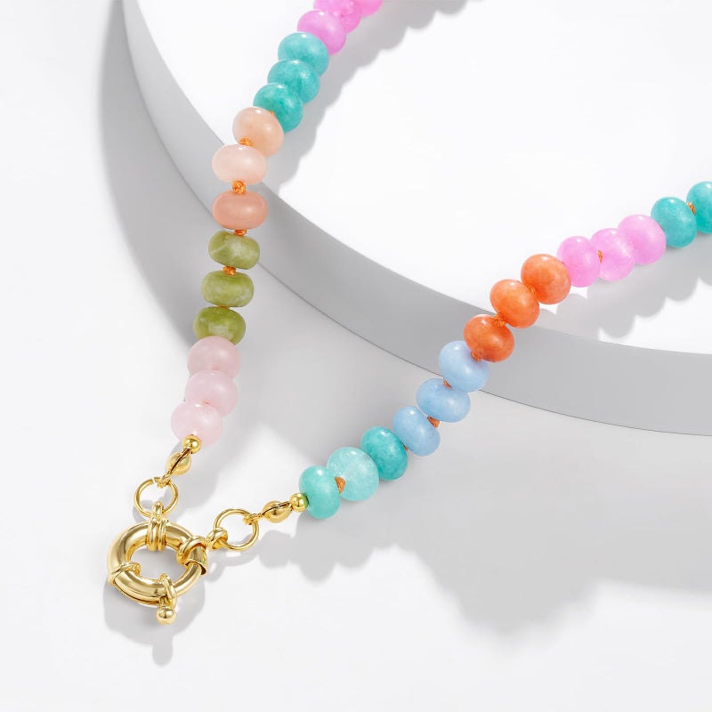 KissYan Beaded Gemstone Necklace for Women, Colorful Boho Bead Choker Natural Stone Surfer Beach Necklaces 14K Gold Plated Summer Handmade Jewelry(J45) - Image 5