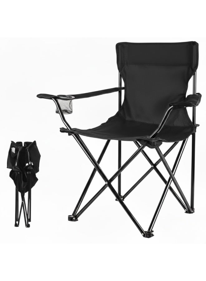 DORMICO Portable Folding Camping Chair with Cup Holder – Lightweight Collapsible Outdoor Chair for Beach, Camping, Sports & Festivals, Metal Frame, Standard Size (Black) - Image 1