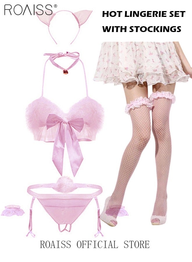 roaiss 7 Pack Trim Cut Out Lingerie Set for Women Floral Lace Strappy Bra and stockings and Panty Set - Image 1