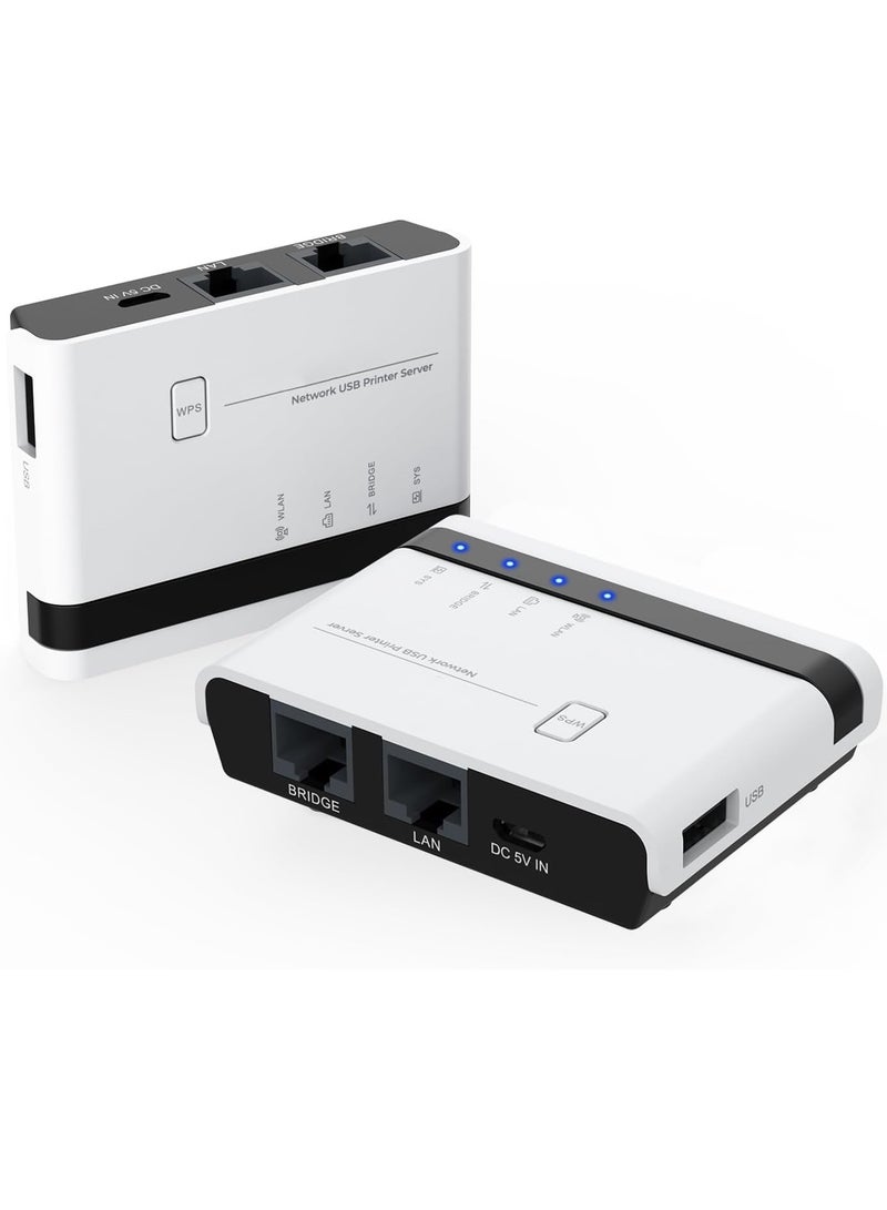 SYOSI Wireless Print Server 2 Port USB 2.0 WiFi Print Server with 100Mbps LAN and Bridge Wired Wireless Standalone Modes Compatible with Windows 10 8 7 XP Mac OS and All RAW Supported Printers  - Image 1