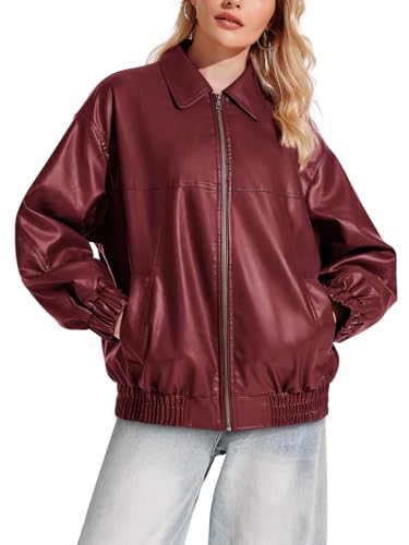 Yousify Leather Jacket Women Oversized Casual Long Sleeve Lapel Zip Up Faux Motorcycle Bomber Jackets Fall Trendy Clothing Wine Red XL - Image 3