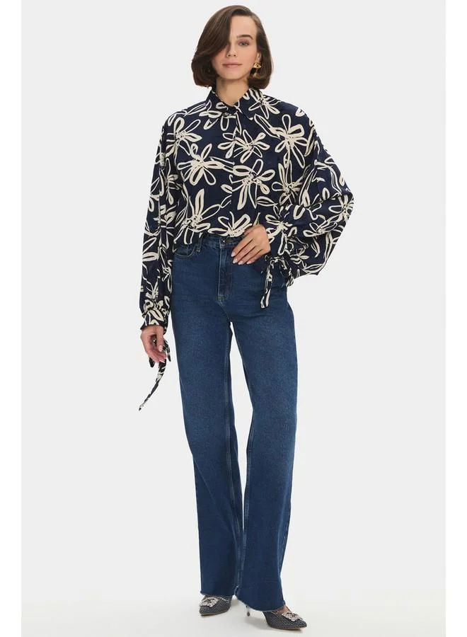 JUNE June Women Oversize/Loose Fit Viscose Blend Floral Fited Shirt Navy