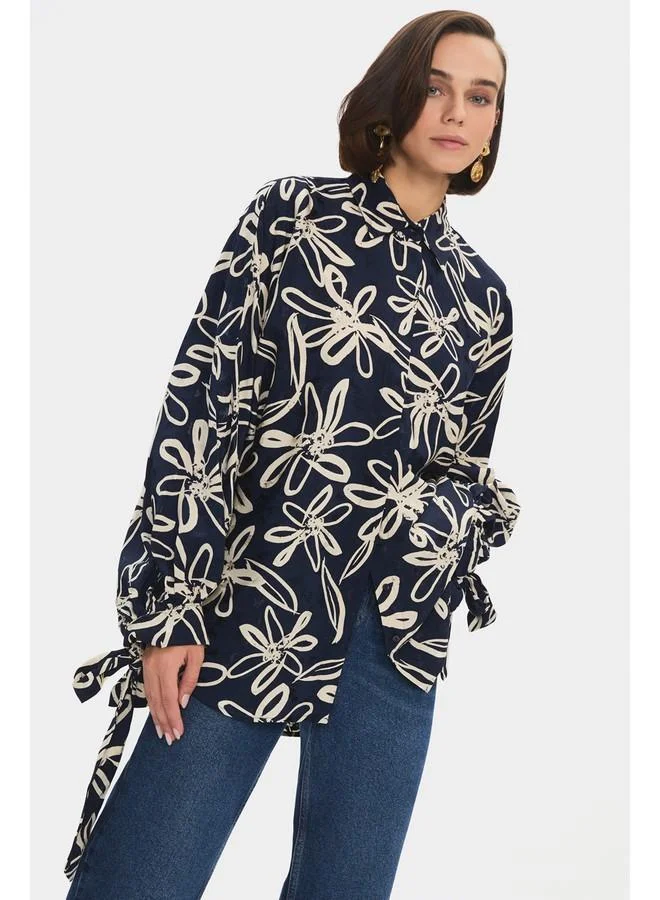 JUNE June Women Oversize/Loose Fit Viscose Blend Floral Fited Shirt Navy