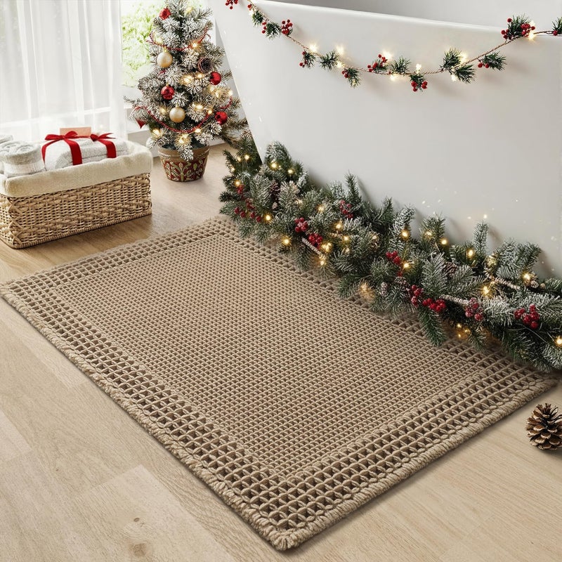 RESARE Waffle Bath Mat for Bathroom, Super Absorbent Bathroom Rugs Non Slip Machine Washable, Ultra Soft Quick Dry Boho Bath Rugs with Tassels for Floor, Upgraded Bordered Design, 24"x36" Brown - Image 1