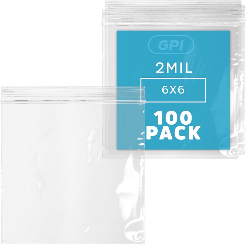 GPI CLEAR PLASTIC ZIP SANDWICH BAGS - Bulk Pack Of 100 6" x 6" 2 mil thick, Strong & Durable RECLOSABLE Poly Baggies With Resealable ZIP Top Lock For Travel, Storage, Packaging & Shipping. - Image 1