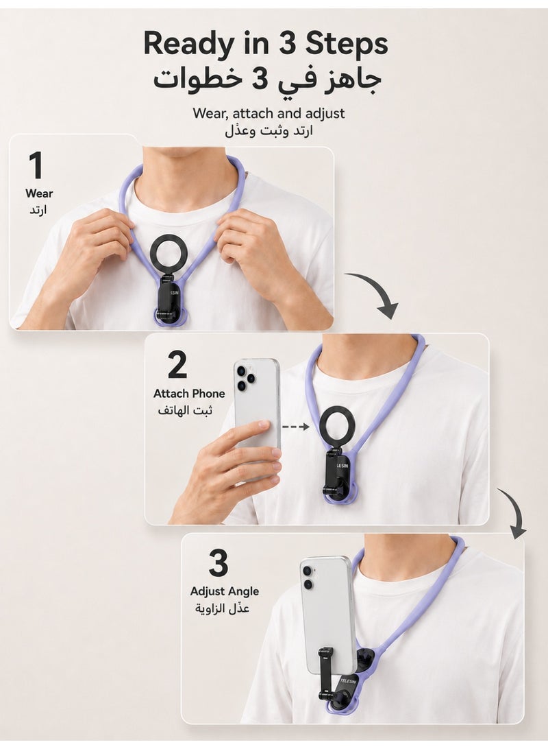 TELESIN Magnetic Neck Phone Mount, Hands-Free POV Vlog Holder for iPhone 17-12 & Android, Adjustable Quick Release, Purple - Image 5