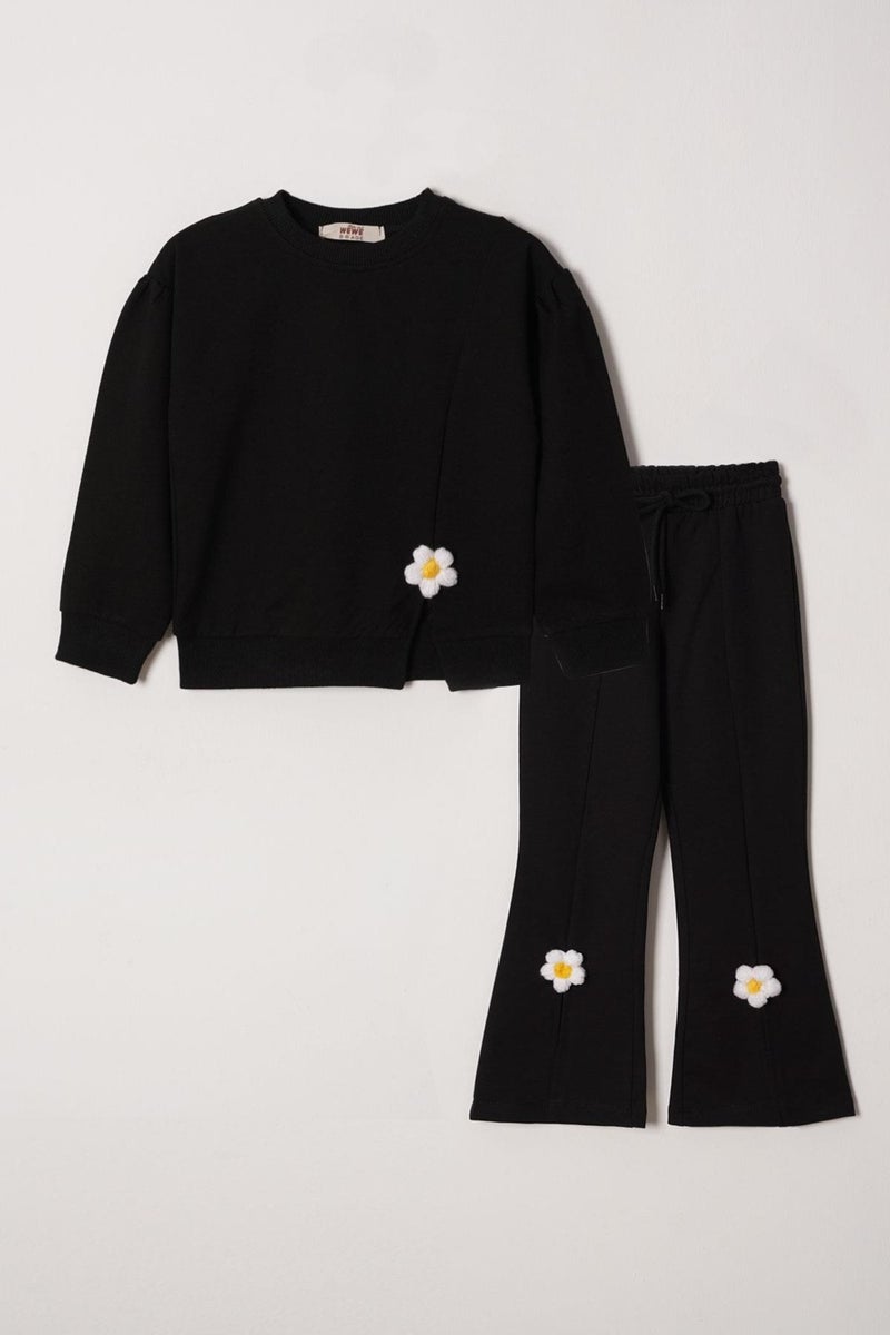 Zepkids Crew Neck Long Sleeve Daisy Detailed Long Sleeve Black Color Girls Tracksuit Set  - Image 1