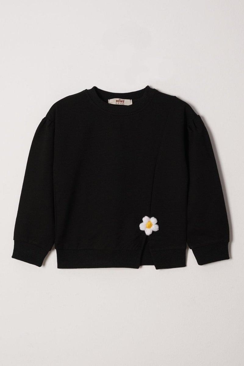 Zepkids Crew Neck Long Sleeve Daisy Detailed Long Sleeve Black Color Girls Tracksuit Set  - Image 2