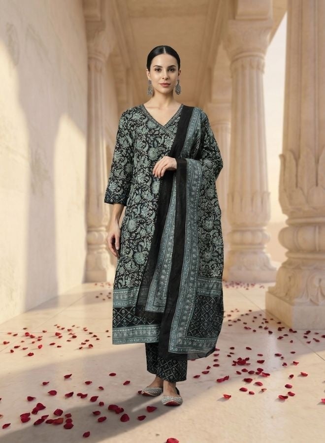 Yuris Women Navy Blue Printed Kurta Set, Highlighted Neck With Bottom & Dupatta - Image 1