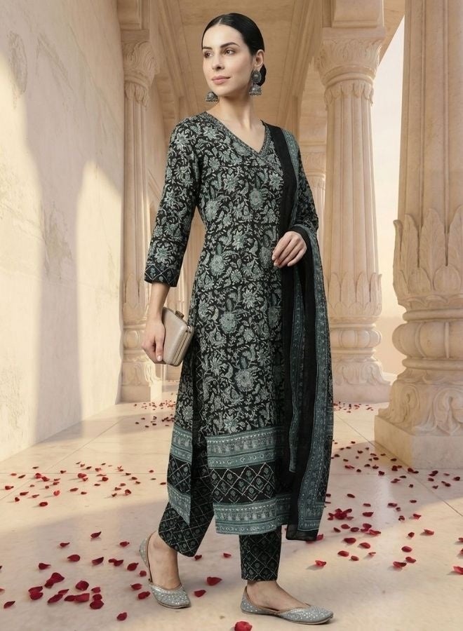 Yuris Women Navy Blue Printed Kurta Set, Highlighted Neck With Bottom & Dupatta - Image 3