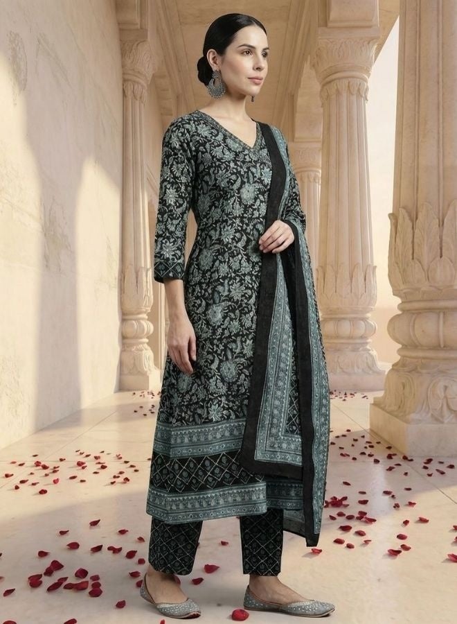 Yuris Women Navy Blue Printed Kurta Set, Highlighted Neck With Bottom & Dupatta - Image 4