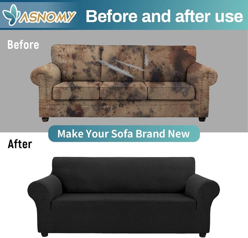 Asnomy Large Black Couch Cover for 3 Cushion Sofa - Stretch Slipcover Protector - Image 5