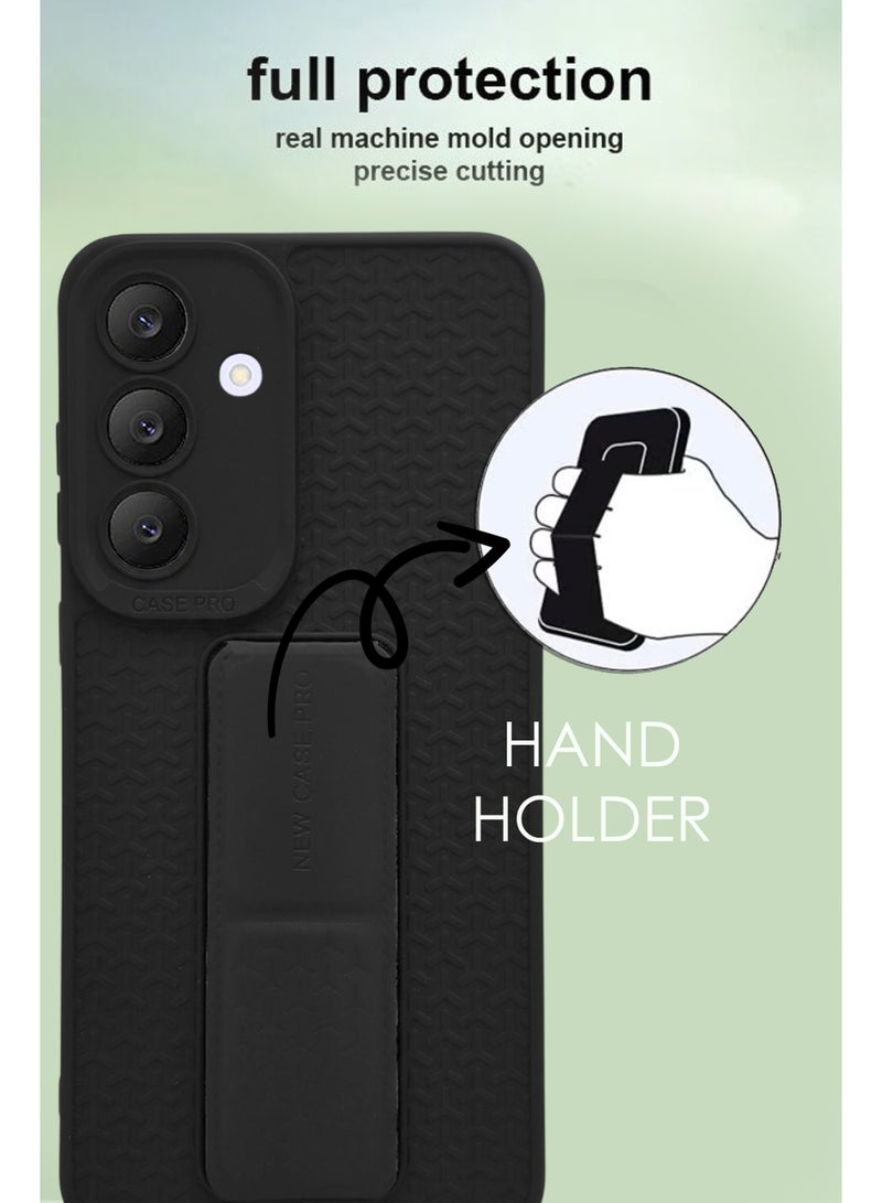 Samsung Galaxy S25 FE - Black Semi Soft Self Designed Magnetic Back Stand Case  With Foldable Kickstand & Finger Strap - Image 4