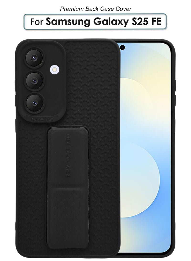 Samsung Galaxy S25 FE - Black Semi Soft Self Designed Magnetic Back Stand Case  With Foldable Kickstand & Finger Strap - Image 1