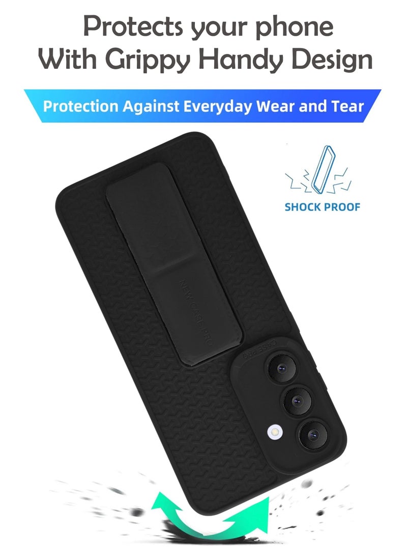 Samsung Galaxy S25 FE - Black Semi Soft Self Designed Magnetic Back Stand Case  With Foldable Kickstand & Finger Strap - Image 3