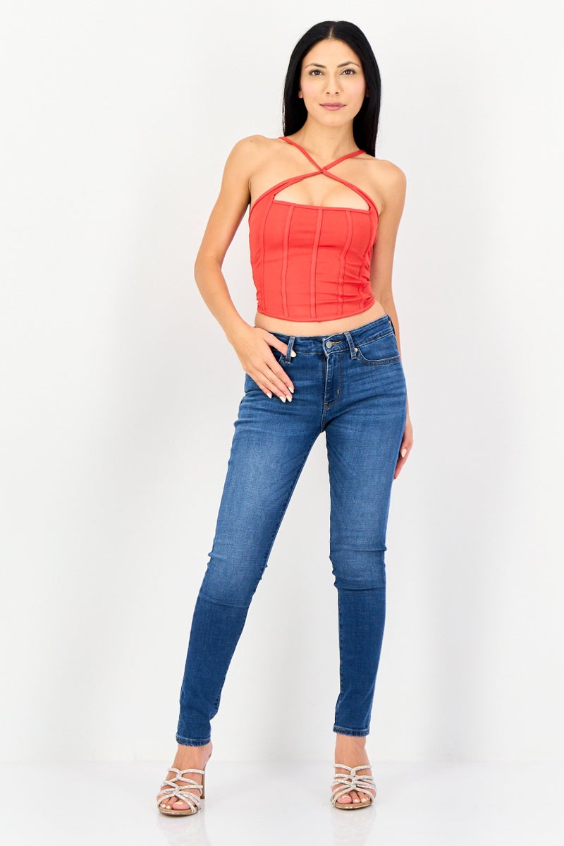 Bershka Women Halter Neck Strapless Solid Tops, Red - Image 2