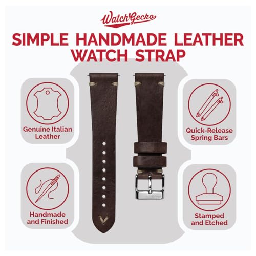 WatchGecko Vintage Simple Handmade Certified Genuine Italian Leather Replacement Watch Strap. Stylish and Durable Mens Wristwatch Strap. Simple double stitching. Easy to fit. Chocolate Brown, 20 mm - Image 2