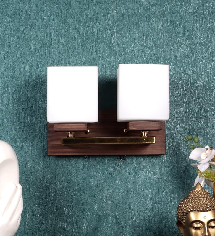 ELIANTE Modern Double Wall Light | Brown Wood & Iron Finish with White Square Glass | E27 Holder | Contemporary Wall Lamp for Living Room, Dining & Bedroom | Free Bulb Included | 3 Years Warranty - Image 2