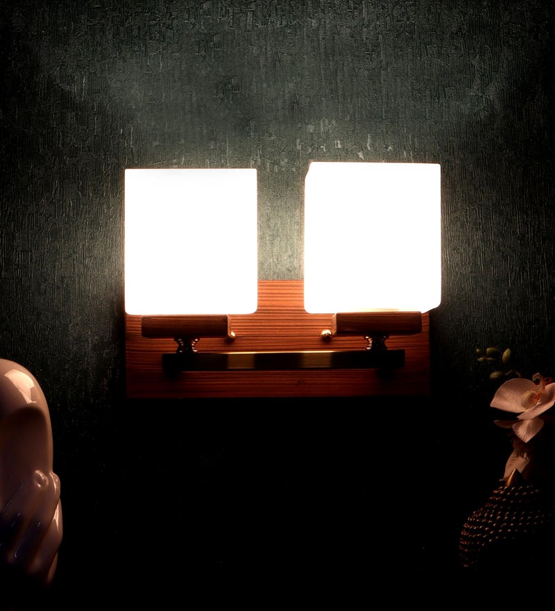 ELIANTE Modern Double Wall Light | Brown Wood & Iron Finish with White Square Glass | E27 Holder | Contemporary Wall Lamp for Living Room, Dining & Bedroom | Free Bulb Included | 3 Years Warranty - Image 1
