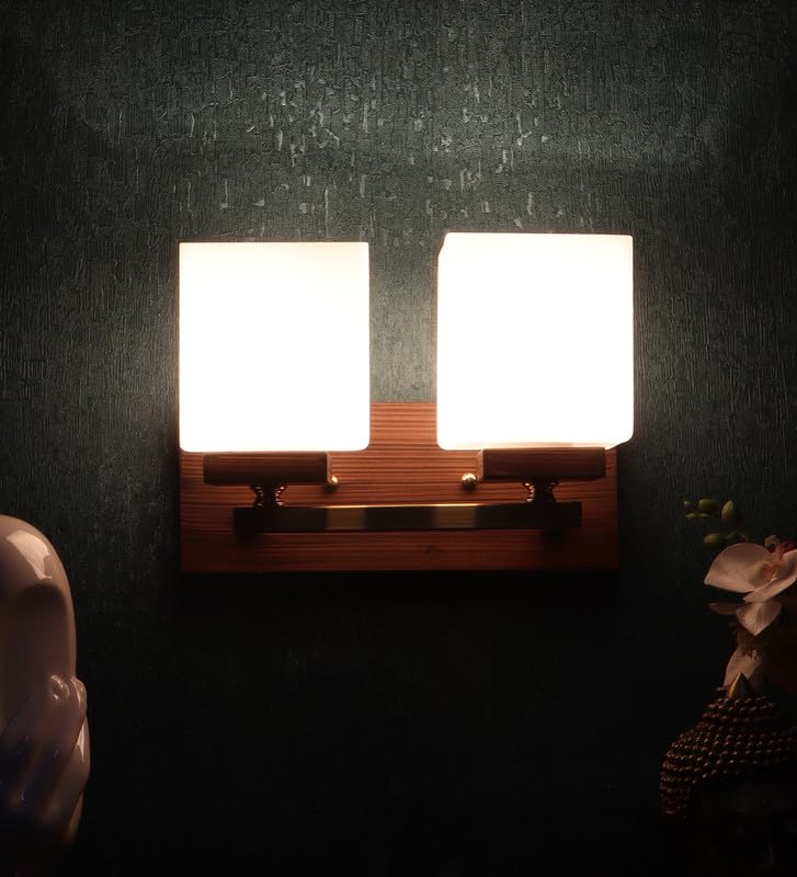 ELIANTE Modern Double Wall Light | Brown Wood & Iron Finish with White Square Glass | E27 Holder | Contemporary Wall Lamp for Living Room, Dining & Bedroom | Free Bulb Included | 3 Years Warranty - Image 3