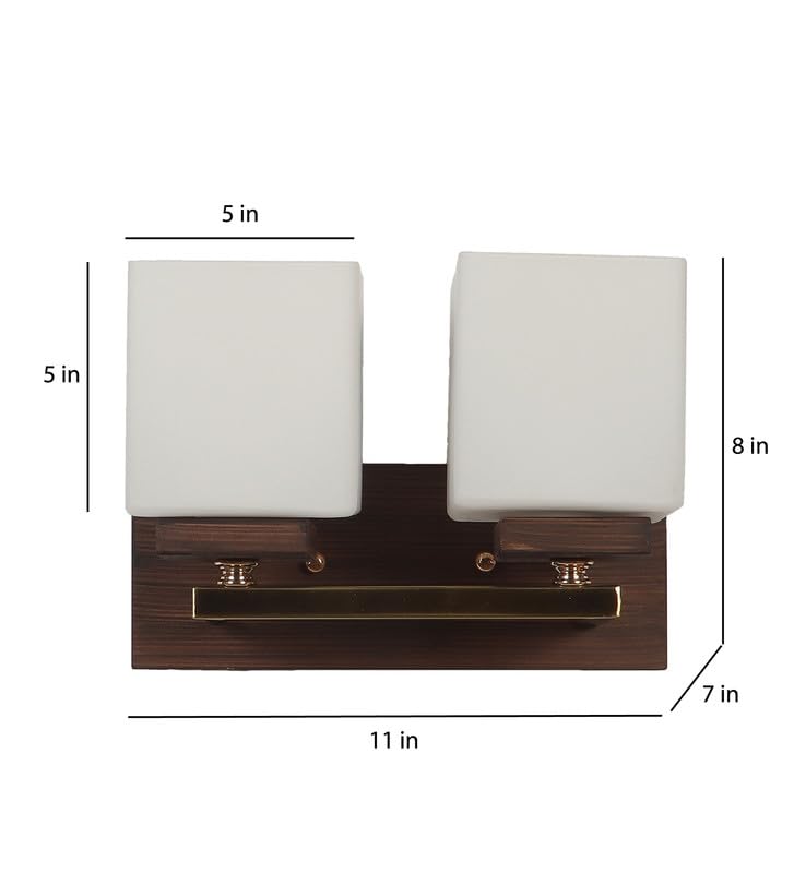 ELIANTE Modern Double Wall Light | Brown Wood & Iron Finish with White Square Glass | E27 Holder | Contemporary Wall Lamp for Living Room, Dining & Bedroom | Free Bulb Included | 3 Years Warranty - Image 4