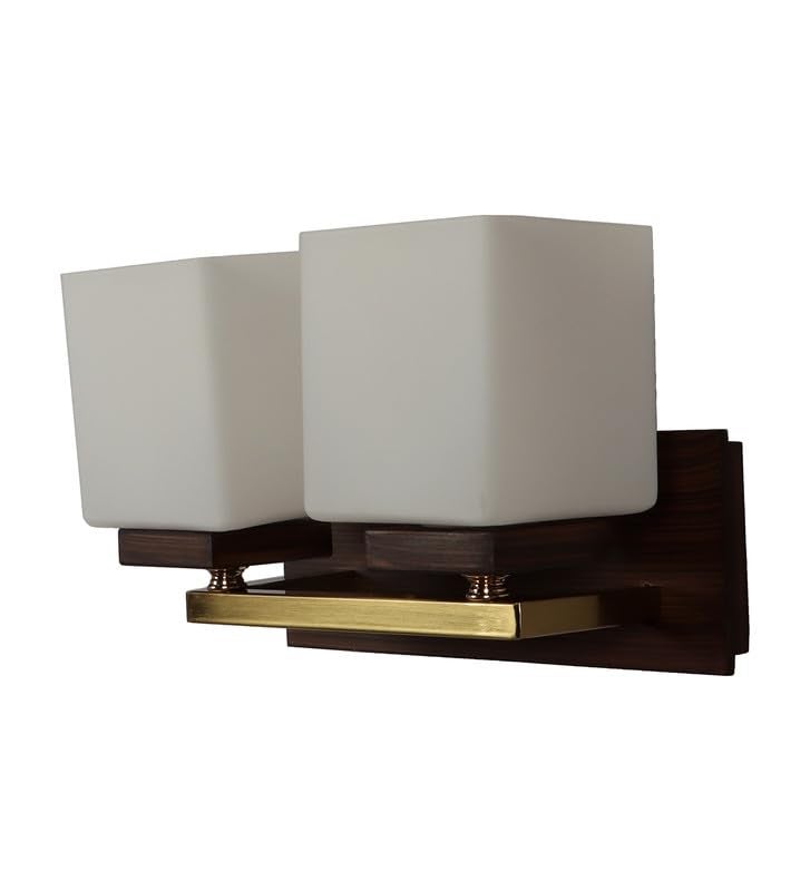 ELIANTE Modern Double Wall Light | Brown Wood & Iron Finish with White Square Glass | E27 Holder | Contemporary Wall Lamp for Living Room, Dining & Bedroom | Free Bulb Included | 3 Years Warranty - Image 5