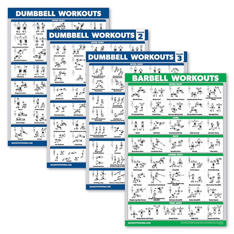 Palace Learning Palace Learning 4 Pack  Dumbbell Workout Posters Volume 1 2  3  Barbell Exercise Chart  Set of 4 Posters LAMINATED 18 x 24