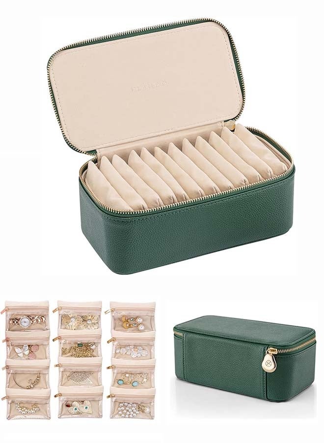 ثمانية فيبيهاوس منظم المجوهرات صندوق مجوهرات مع ١٢ حقيبة مخملية منظم إكسسوارات، علبة تنظيم المجوهرات حقيبة سفر لحفظ القلائد والخواتم والأقراط علبة إكسسوارات منظم مجوهرات منظم مجوهرات لعيد الحب وأعياد الميلاد وحفلات الزفاف تنظيمات اكسسوارات منظمات مجوهرات أفكار لتنظيم صناديق المجوهرات للنساء منظمات اكسسوارات (أخضر مقسم اكسسوارات 21.5 × 12.5 × 8.5 سم) - Image 1